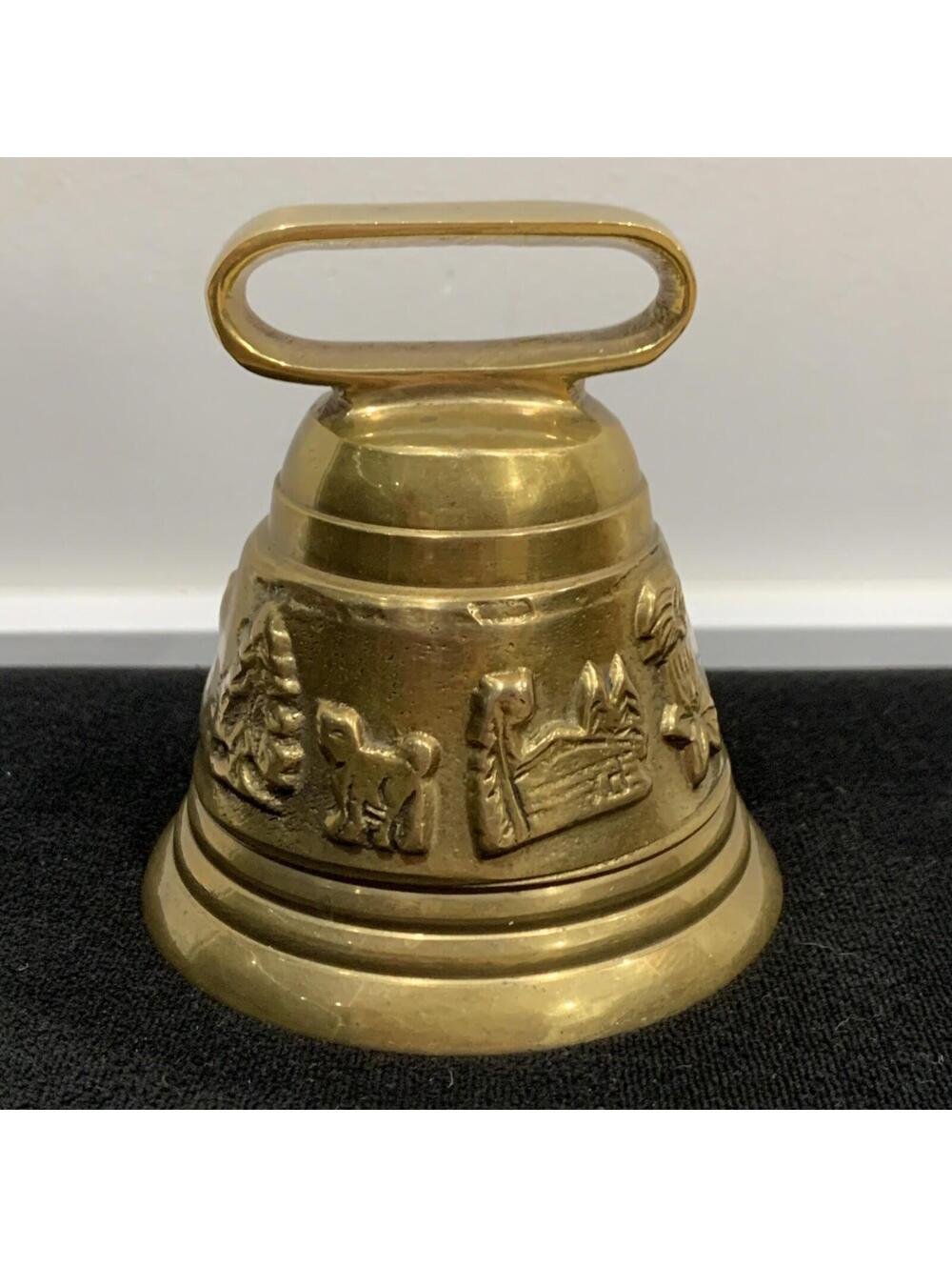 Vintage Swiss Cast Brass Cowbell Alpaufzug Chalet Relief 3.25” EUC